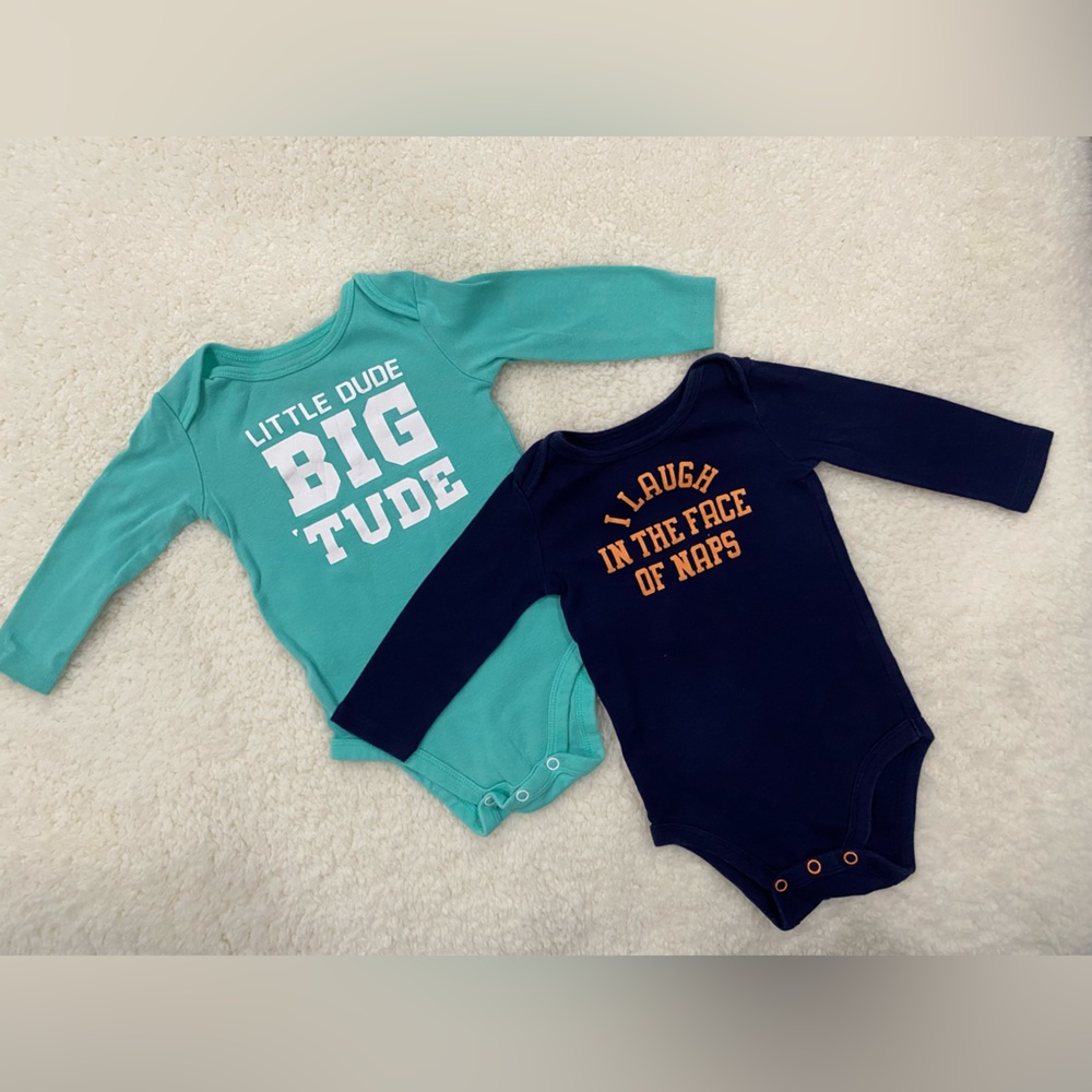 2 long sleeve onesie, I laugh in the face of naps 9m,
Little dude big ‘tude 12 m